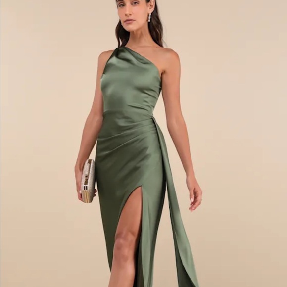 Lulus Dresses & Skirts - Signature Elegance Olive Green Satin One-Shoulder Maxi Dress